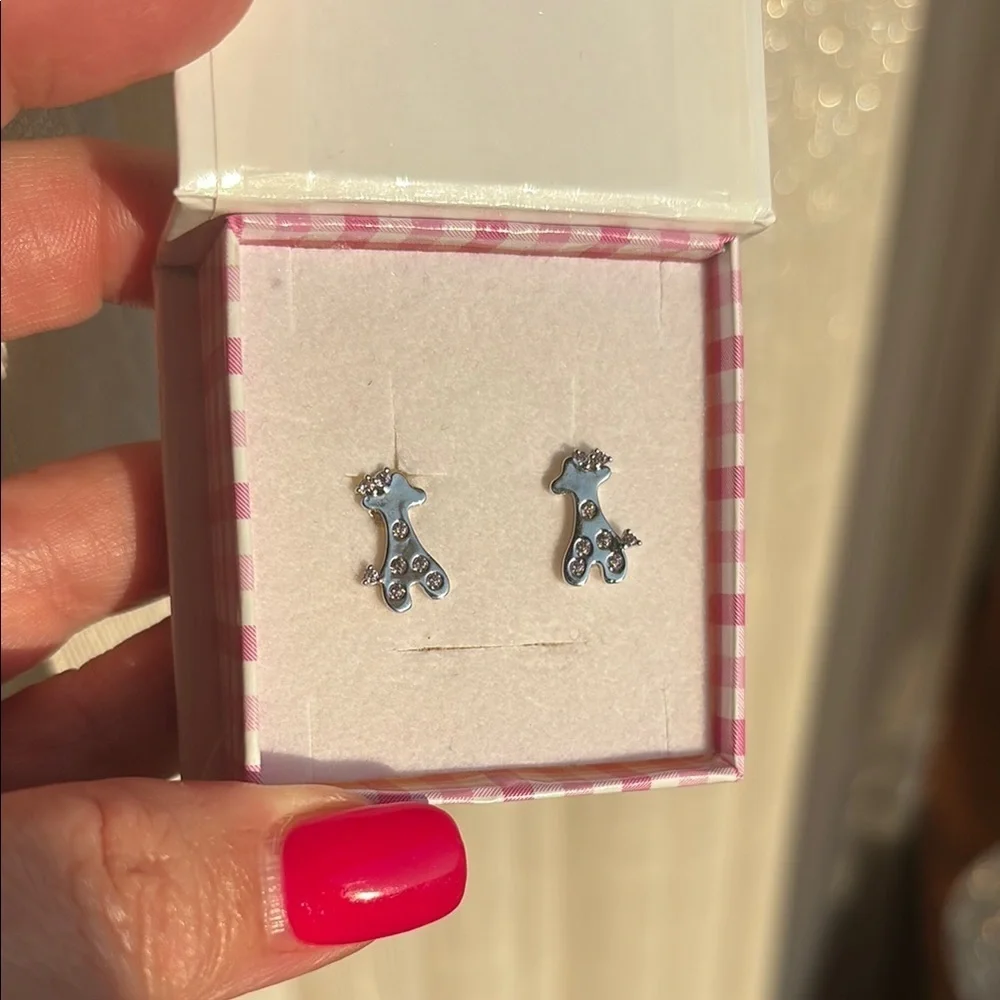 Silver toddler girls Giraffe Kids Earrings with pale pink crystals new in box